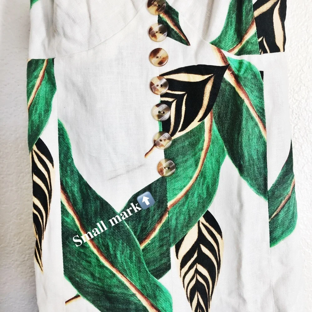 FARM RIO Amazonia Button Front Cami Dress White Linen Leaf Midi NWT Size L - Picture 2 of 4